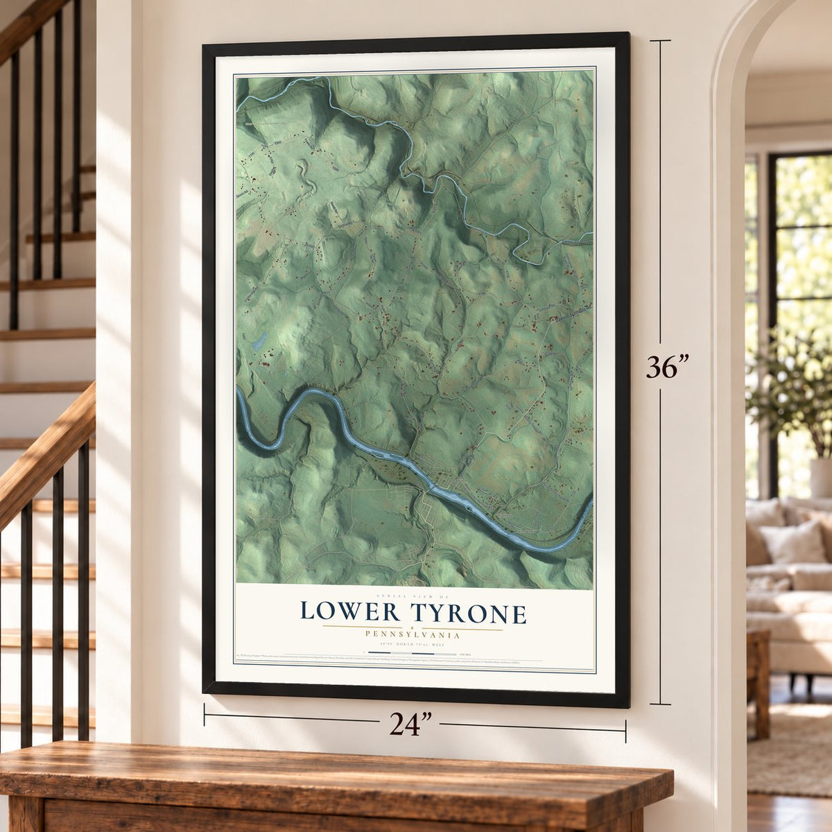 Lower Tyrone, Pennsylvania map, 24 x 36 inch print in a black frame by a staircase