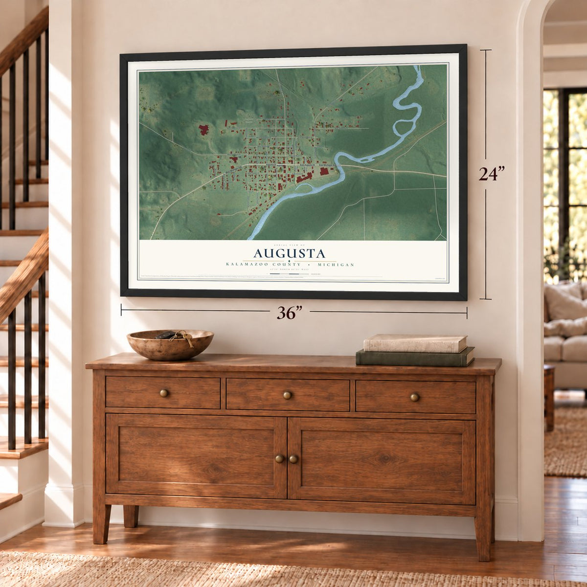 Augusta, Kalamazoo County, Michigan map, 24 x 36 inch print in a black frame above a dresser by a staircase