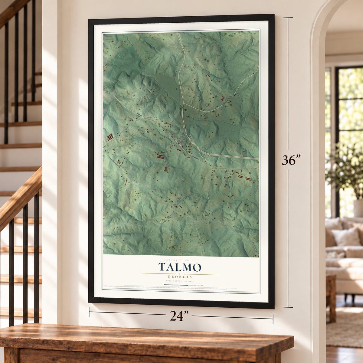Talmo, Georgia map, 24 x 36 inch print in a black frame by a staircase