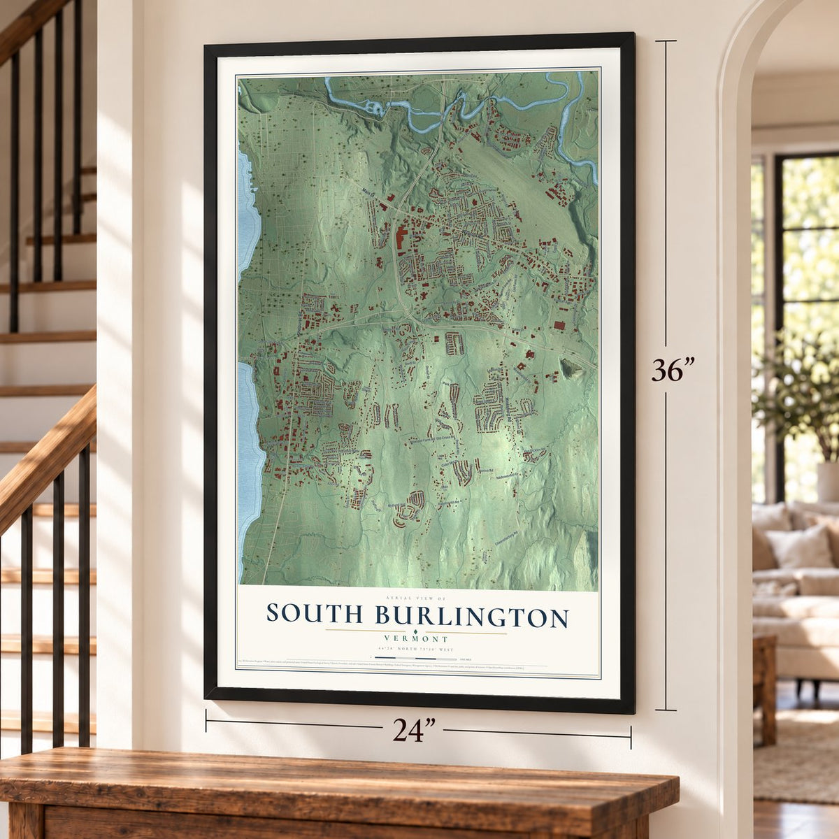 South Burlington, Vermont map, 24 x 36 inch print in a black frame by a staircase