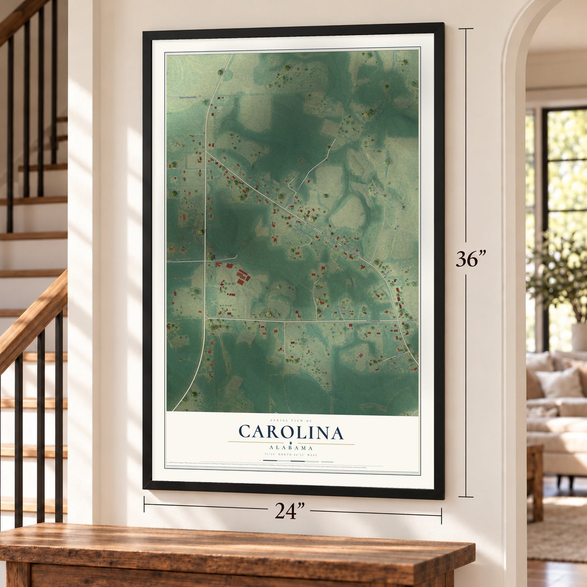 Carolina, Alabama map, 24 x 36 inch print in a black frame by a staircase