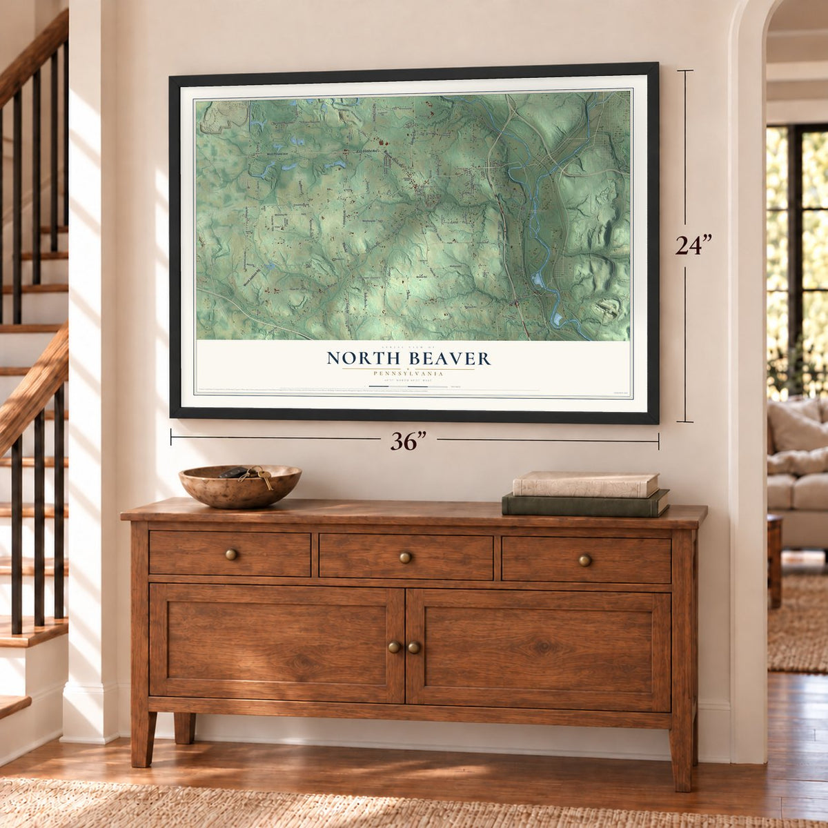 North Beaver, Pennsylvania map, 24 x 36 inch print in a black frame above a dresser by a staircase