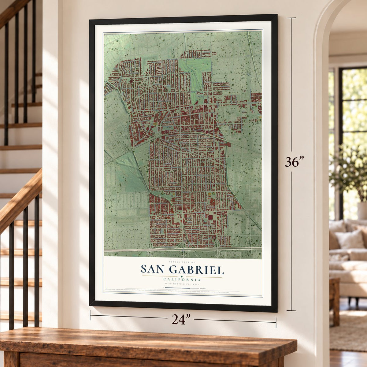 San Gabriel, California map, 24 x 36 inch print in a black frame by a staircase