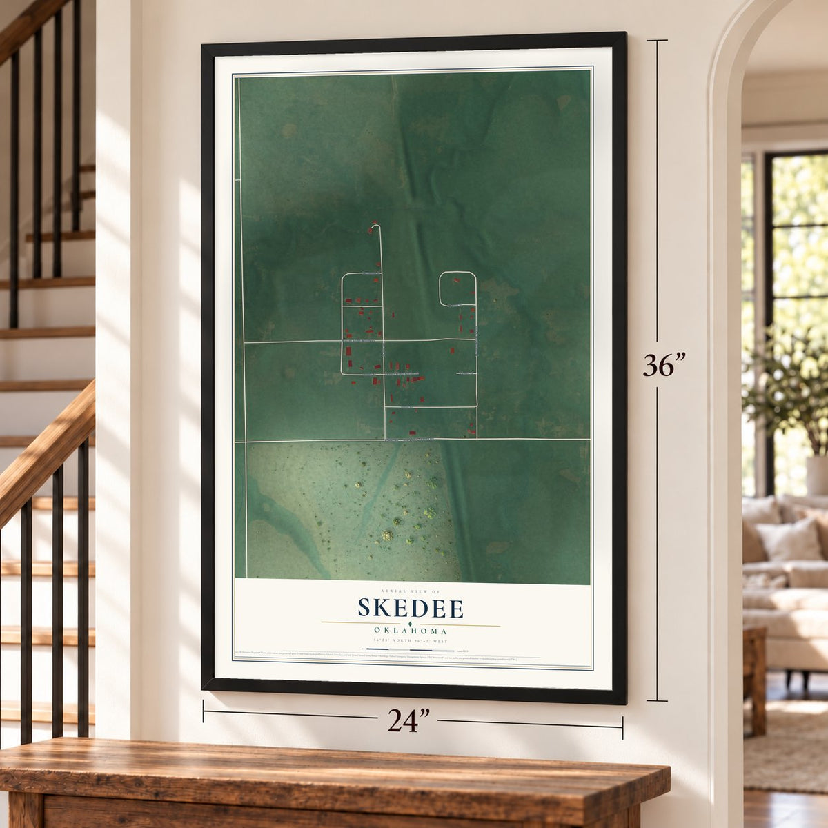 Skedee, Oklahoma map, 24 x 36 inch print in a black frame by a staircase