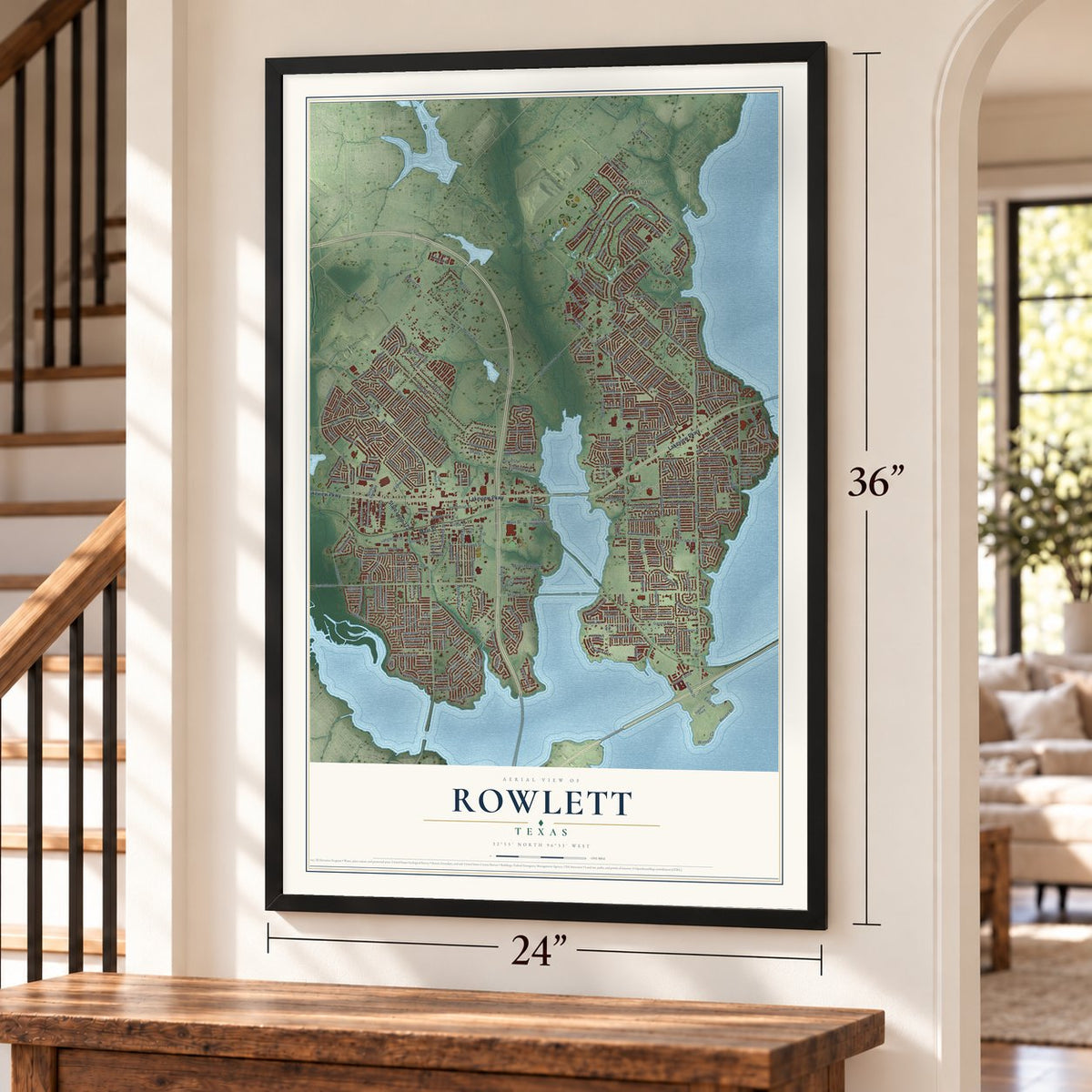 Rowlett, Texas map, 24 x 36 inch print in a black frame by a staircase