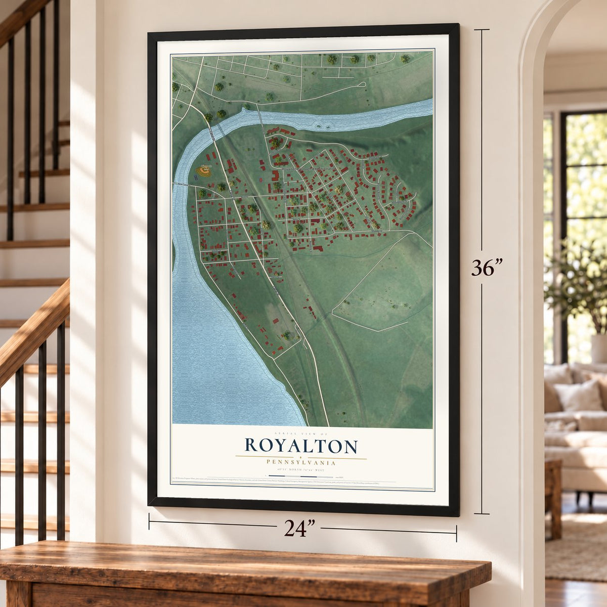 Royalton, Pennsylvania map, 24 x 36 inch print in a black frame by a staircase