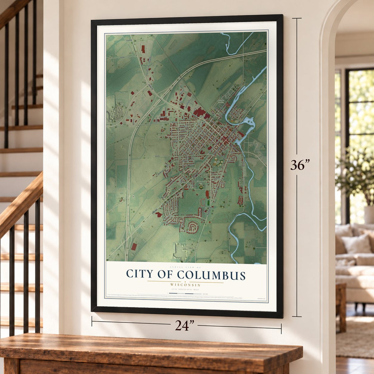 Columbus, Wisconsin map, 24 x 36 inch print in a black frame by a staircase