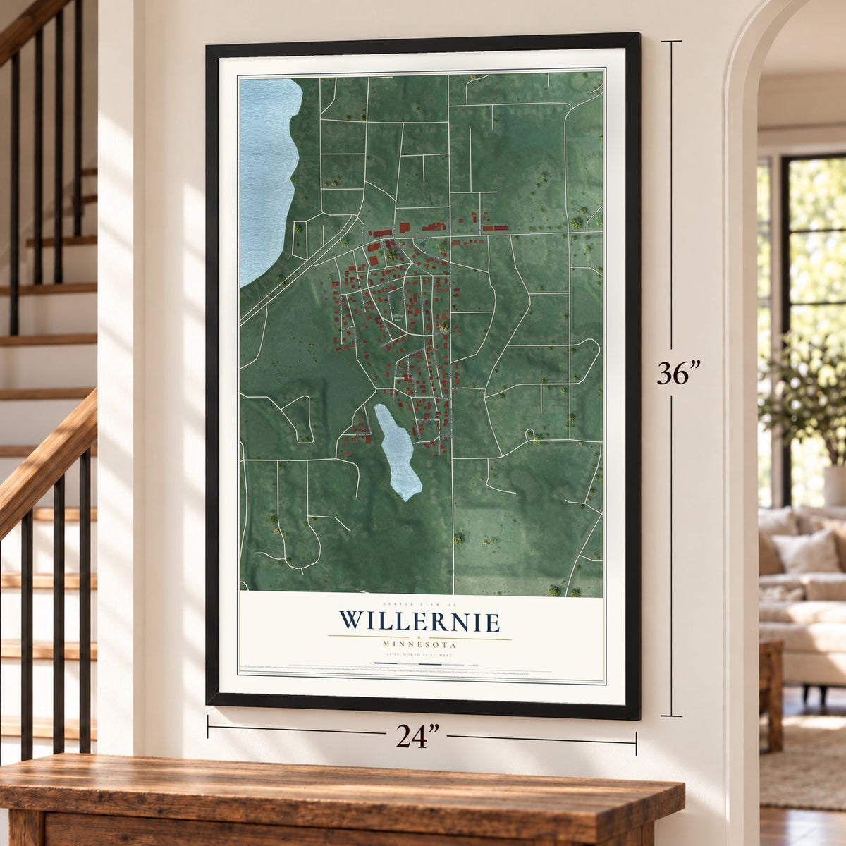 Willernie, Minnesota map, 24 x 36 inch print in a black frame by a staircase