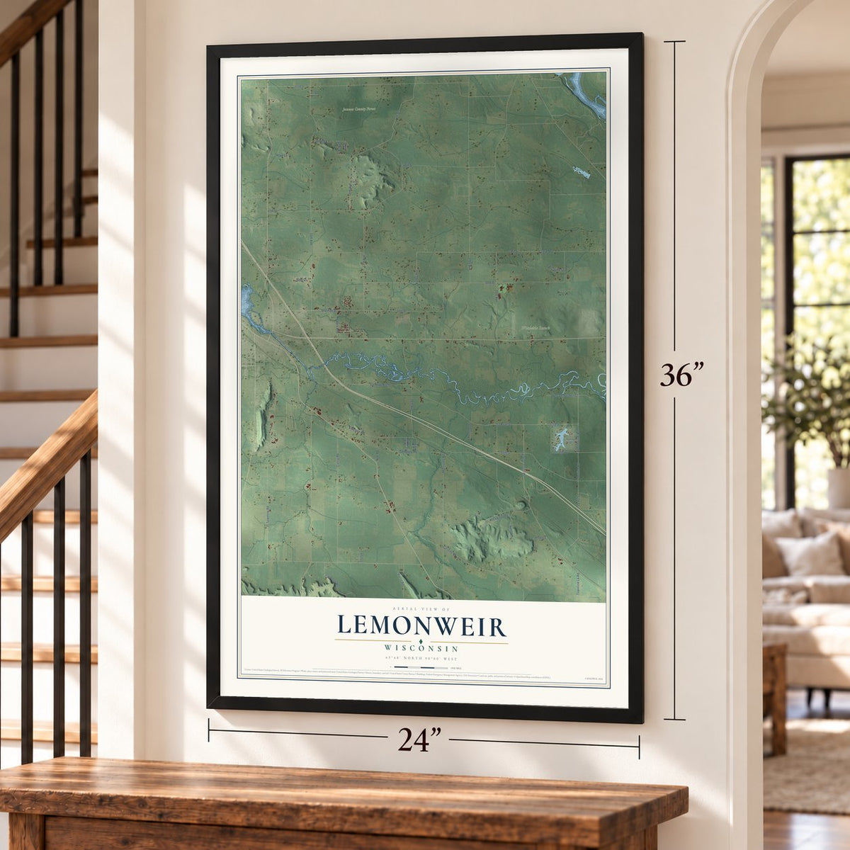 Lemonweir, Wisconsin map, 24 x 36 inch print in a black frame by a staircase