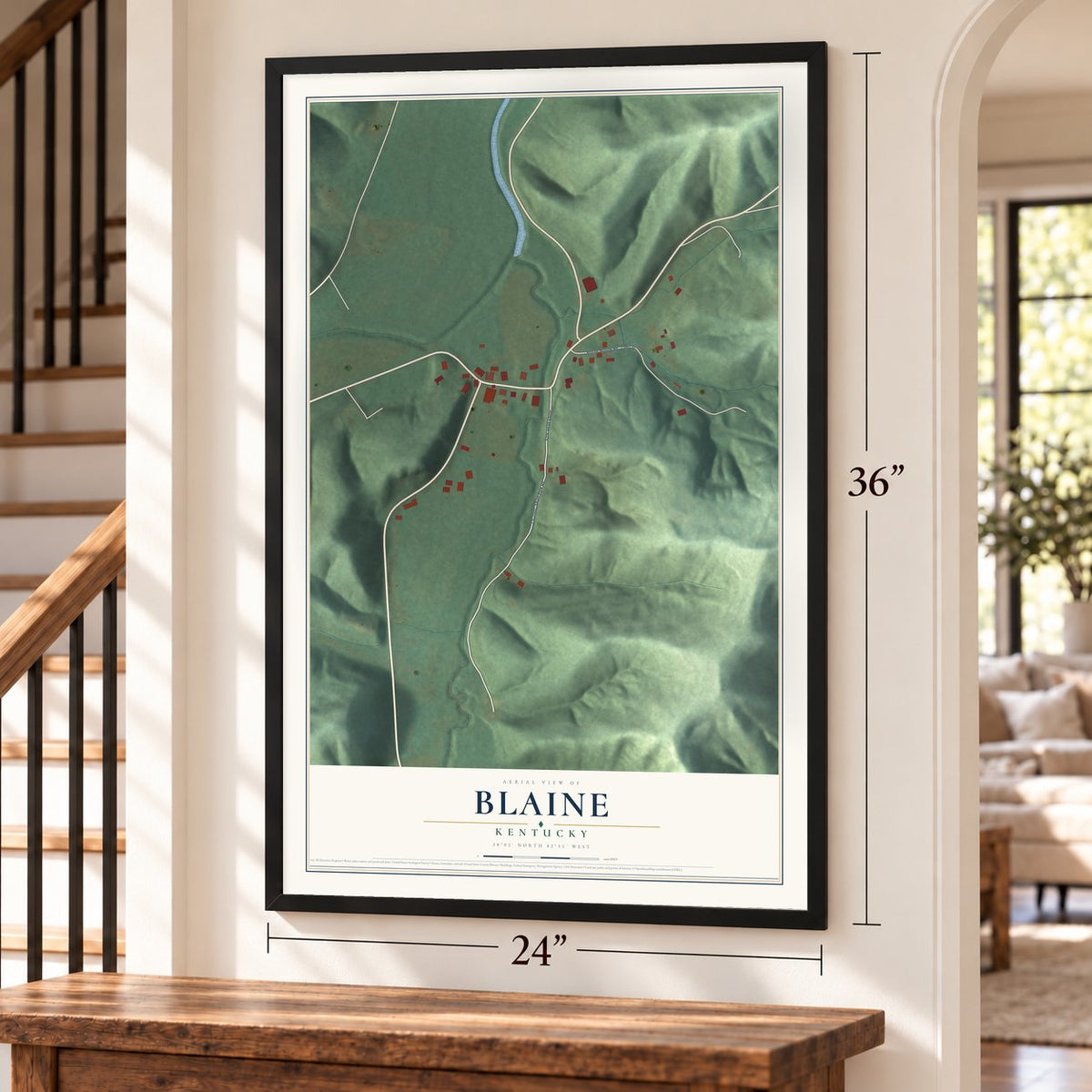 Blaine, Kentucky map, 24 x 36 inch print in a black frame by a staircase