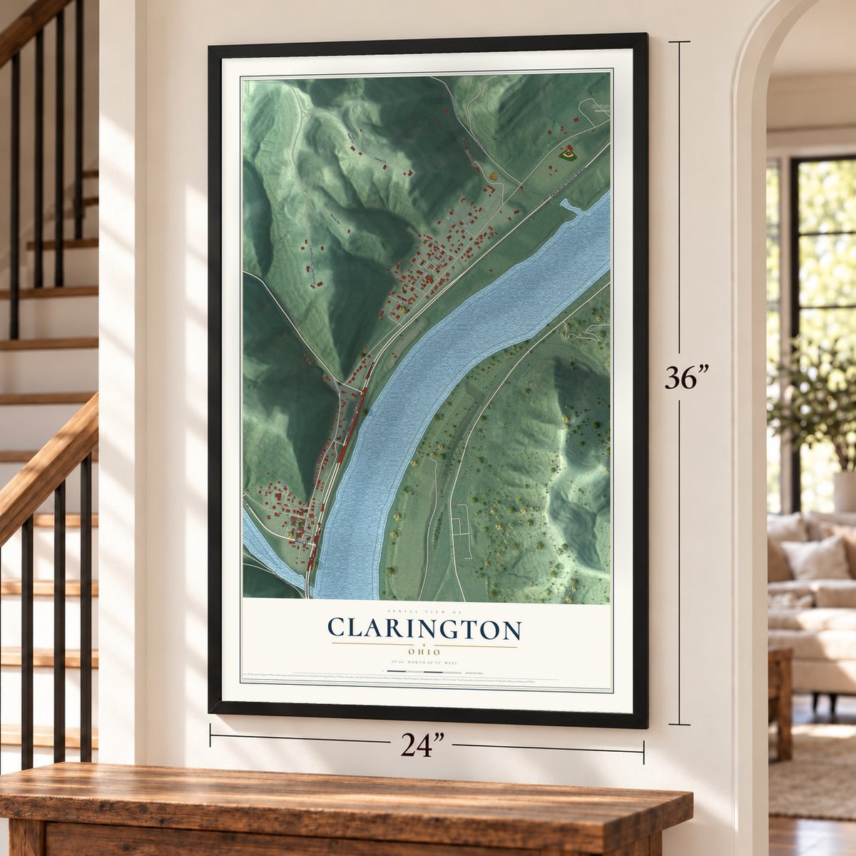 Clarington, Ohio map, 24 x 36 inch print in a black frame by a staircase