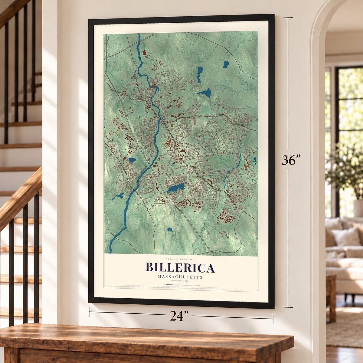 Billerica, Massachusetts map, 24 x 36 inch print in a black frame by a staircase