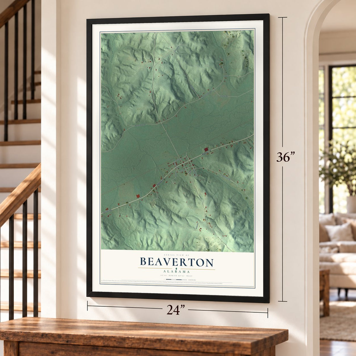 Beaverton, Alabama map, 24 x 36 inch print in a black frame by a staircase