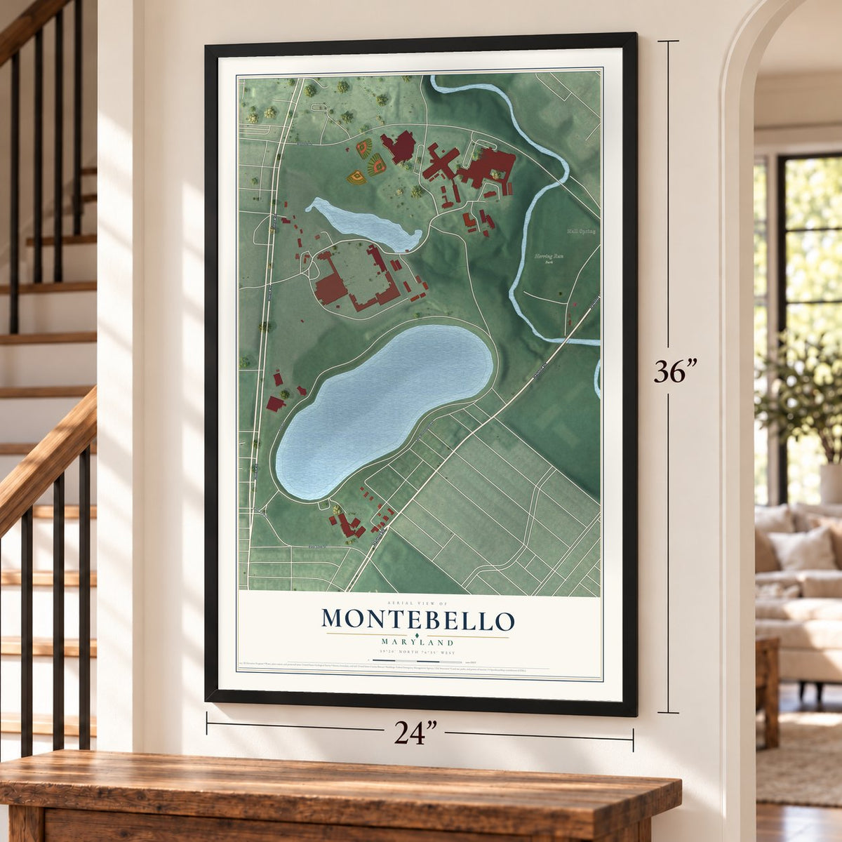 Montebello, Maryland map, 24 x 36 inch print in a black frame by a staircase