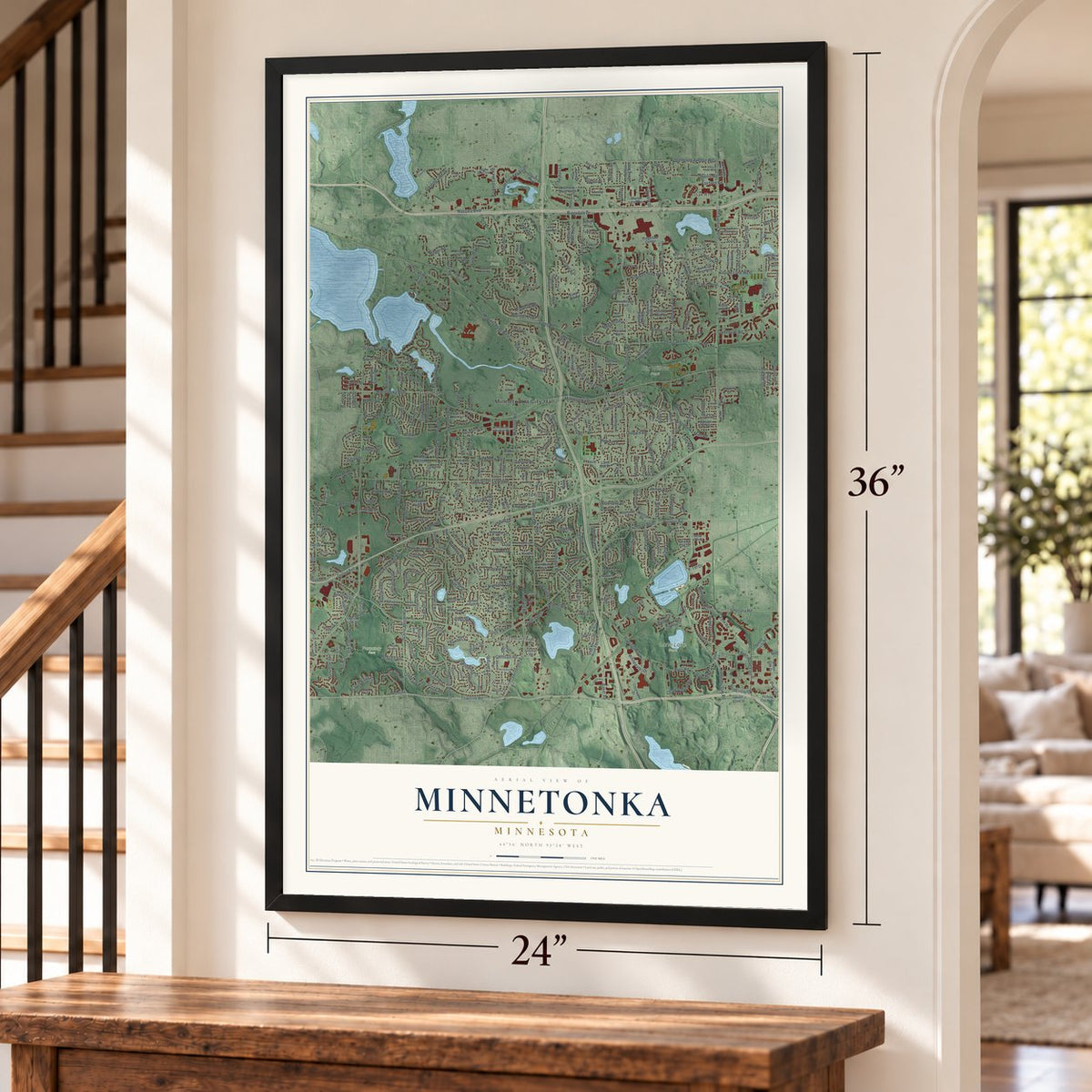Minnetonka, Minnesota map, 24 x 36 inch print in a black frame by a staircase