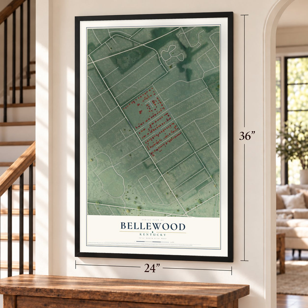 Bellewood, Kentucky map, 24 x 36 inch print in a black frame by a staircase