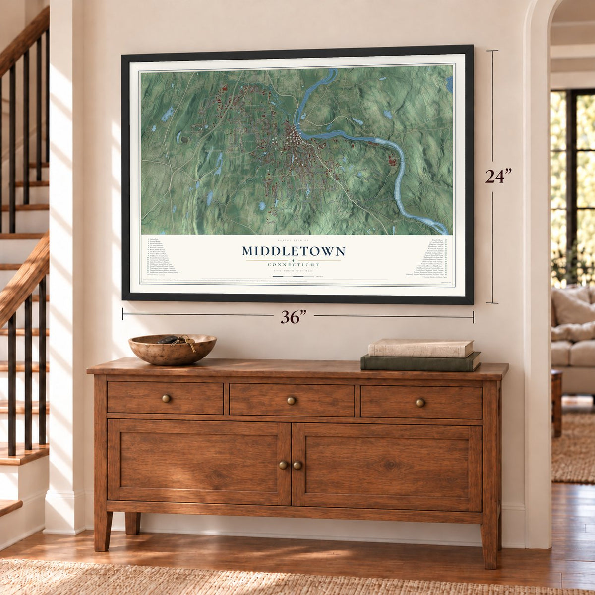 Middletown, Connecticut map, 24 x 36 inch print in a black frame above a dresser by a staircase