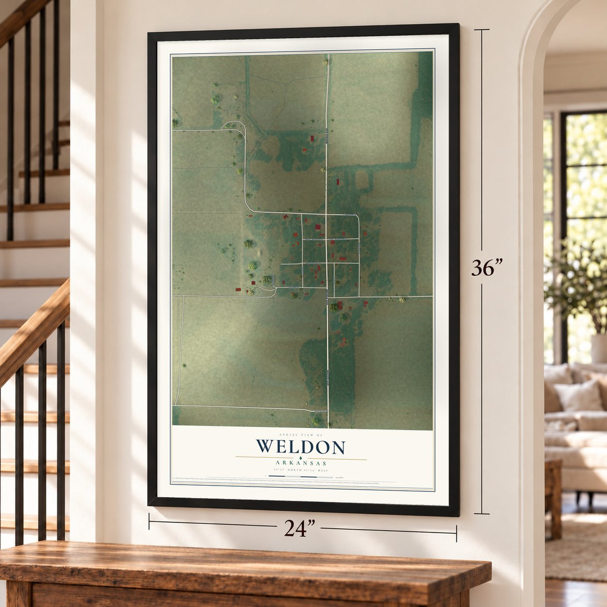 Weldon, Arkansas map, 24 x 36 inch print in a black frame by a staircase