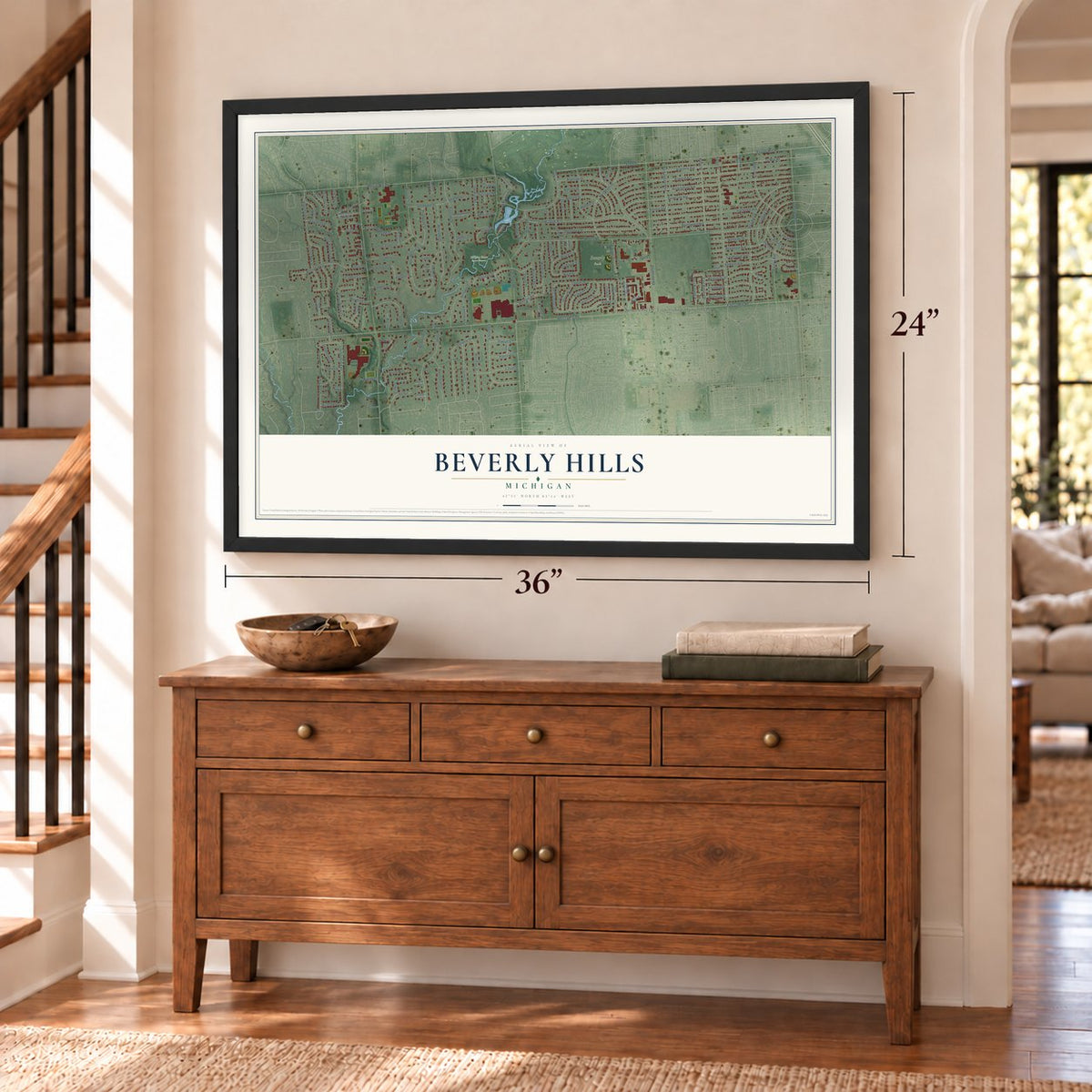 Beverly Hills, Michigan map, 24 x 36 inch print in a black frame above a dresser by a staircase