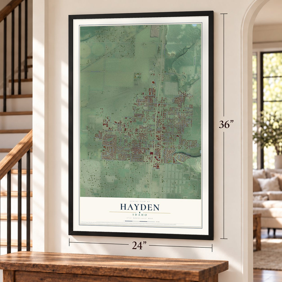 Hayden, Idaho map, 24 x 36 inch print in a black frame by a staircase