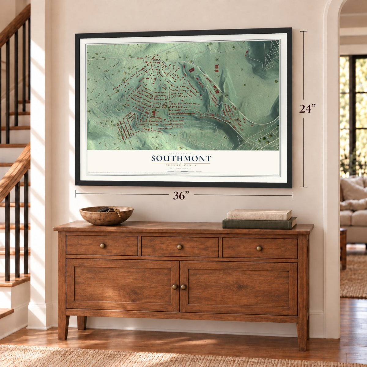 Southmont, Pennsylvania map, 24 x 36 inch print in a black frame above a dresser by a staircase