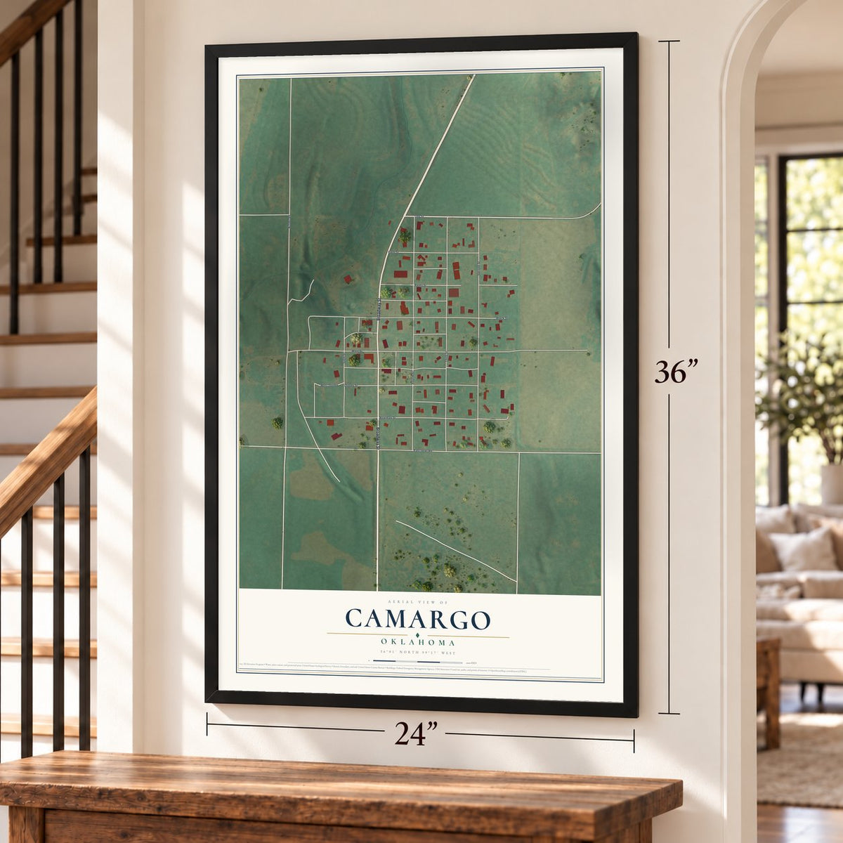 Camargo, Oklahoma map, 24 x 36 inch print in a black frame by a staircase