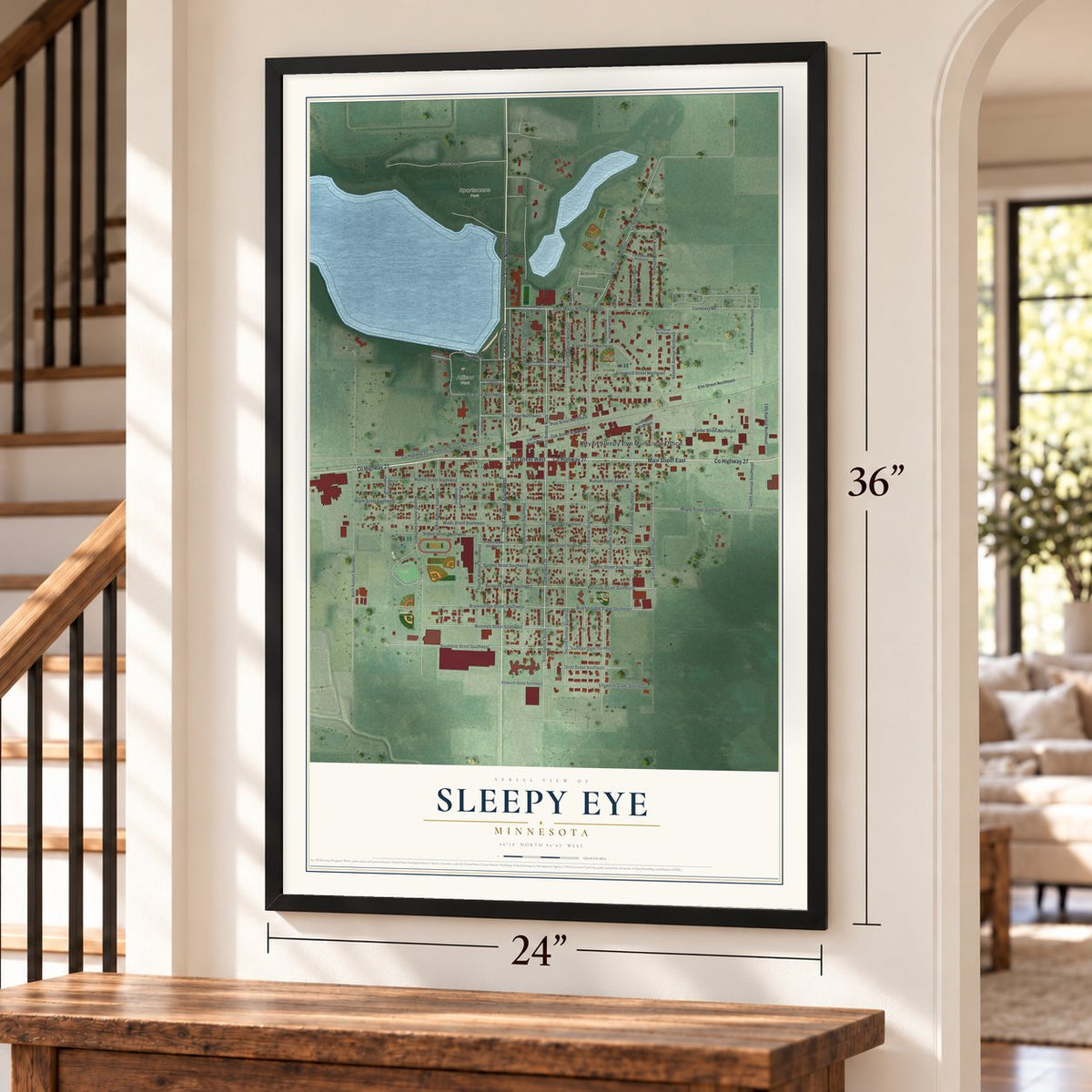 Sleepy Eye, Minnesota map, 24 x 36 inch print in a black frame by a staircase