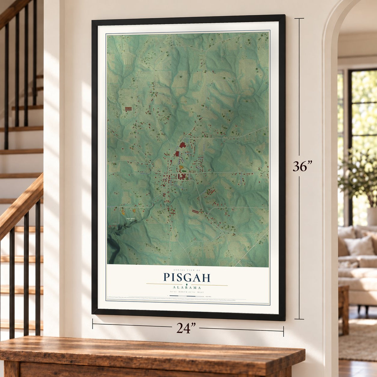 Pisgah, Alabama map, 24 x 36 inch print in a black frame by a staircase