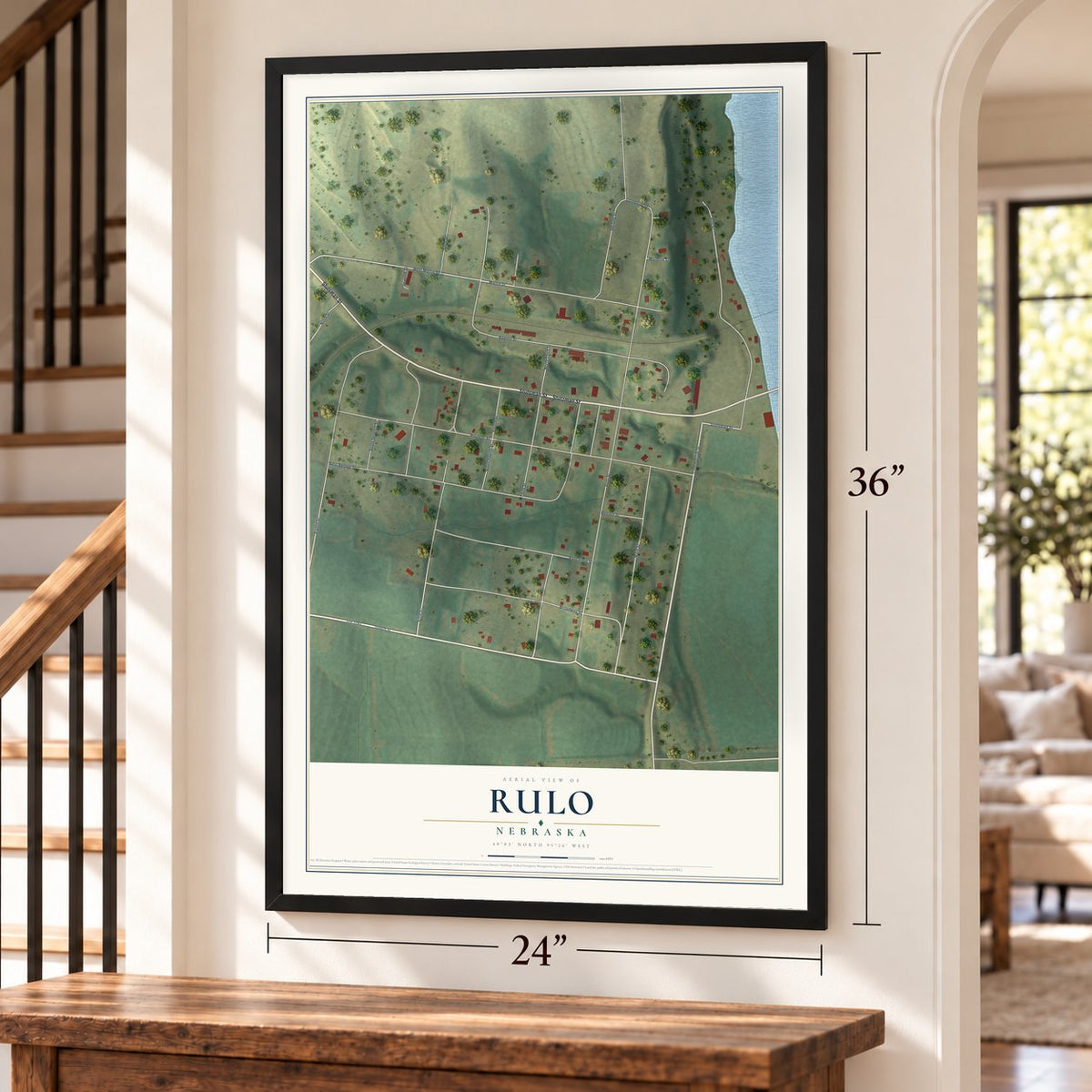 Rulo, Nebraska map, 24 x 36 inch print in a black frame by a staircase