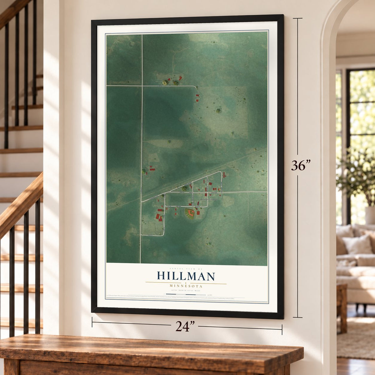Hillman, Minnesota map, 24 x 36 inch print in a black frame by a staircase