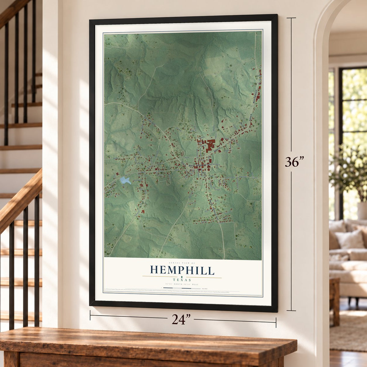 Hemphill, Texas map, 24 x 36 inch print in a black frame by a staircase