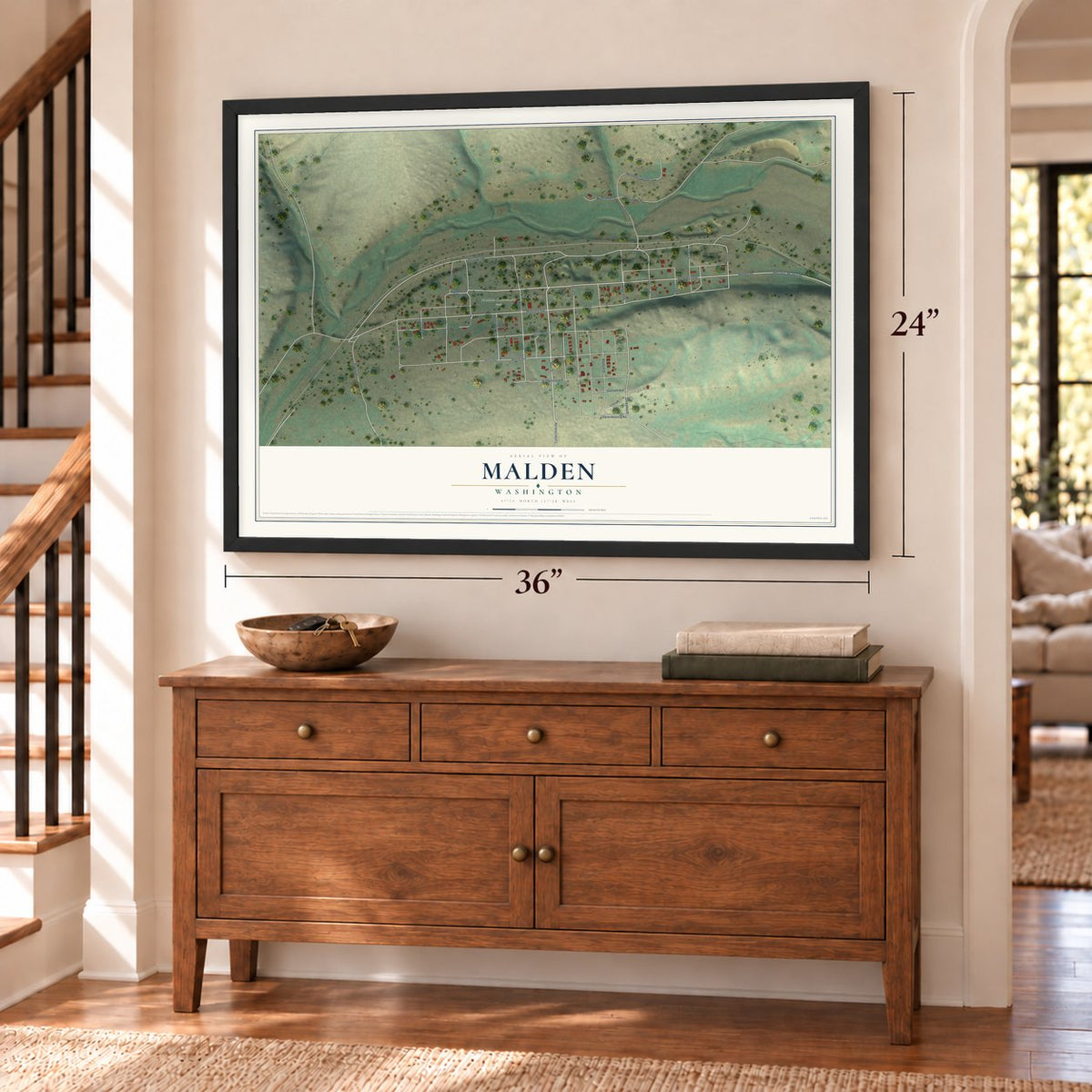Malden, Washington map, 24 x 36 inch print in a black frame above a dresser by a staircase