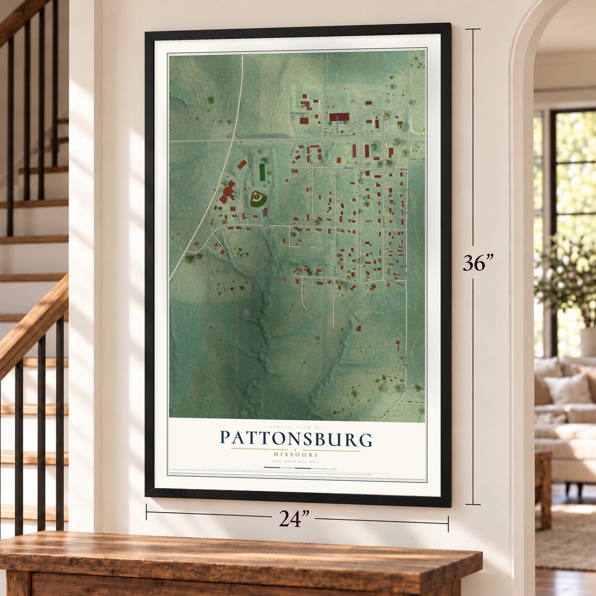 Pattonsburg, Missouri map, 24 x 36 inch print in a black frame by a staircase