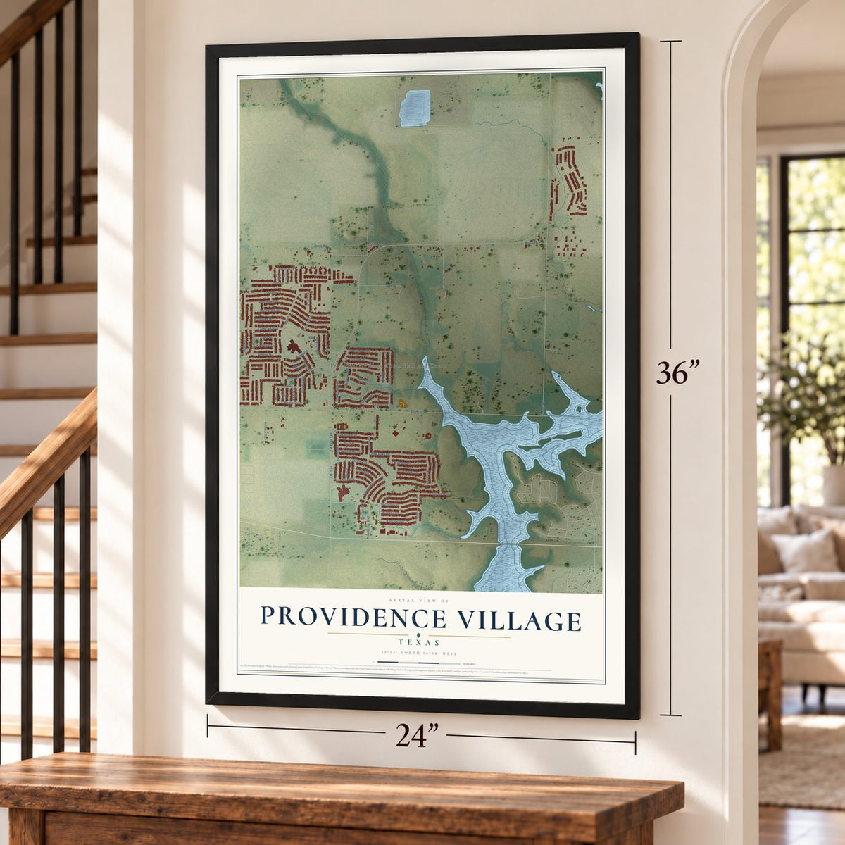 Providence Village, Texas map, 24 x 36 inch print in a black frame by a staircase