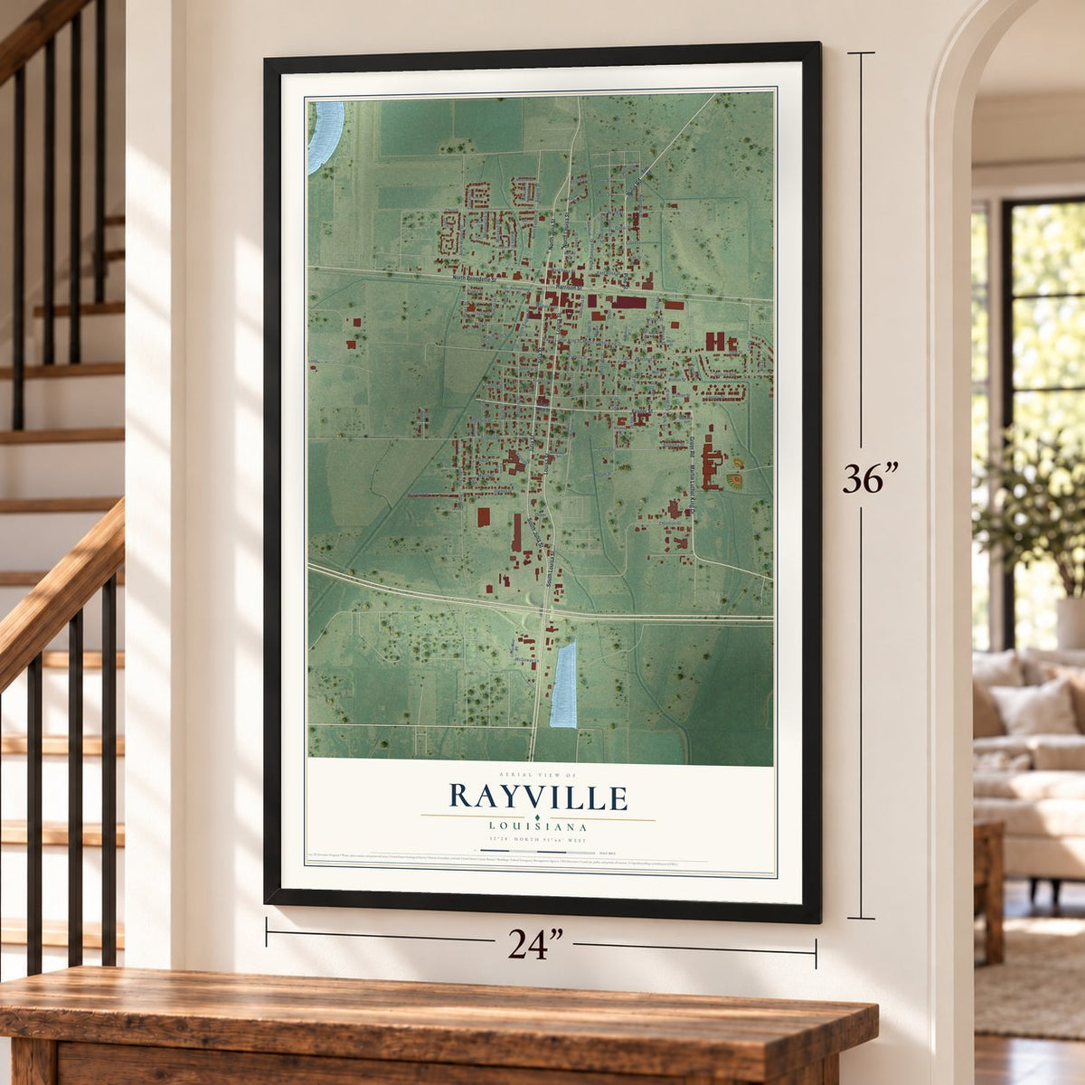 Rayville, Louisiana map, 24 x 36 inch print in a black frame by a staircase