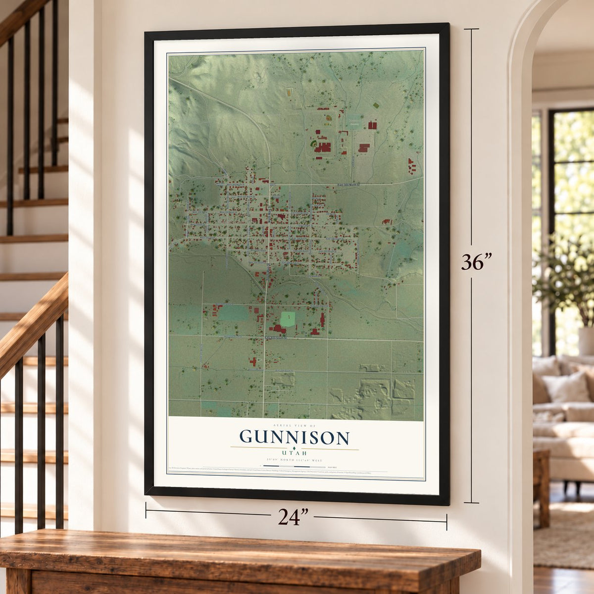 Gunnison, Utah map, 24 x 36 inch print in a black frame by a staircase