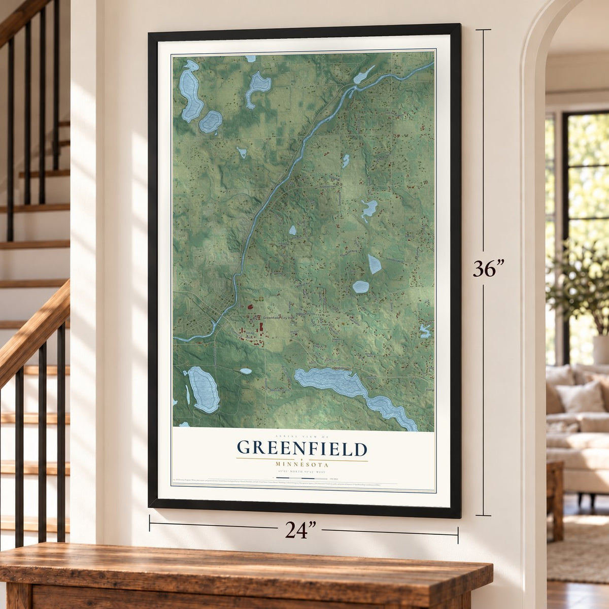 Greenfield, Minnesota map, 24 x 36 inch print in a black frame by a staircase