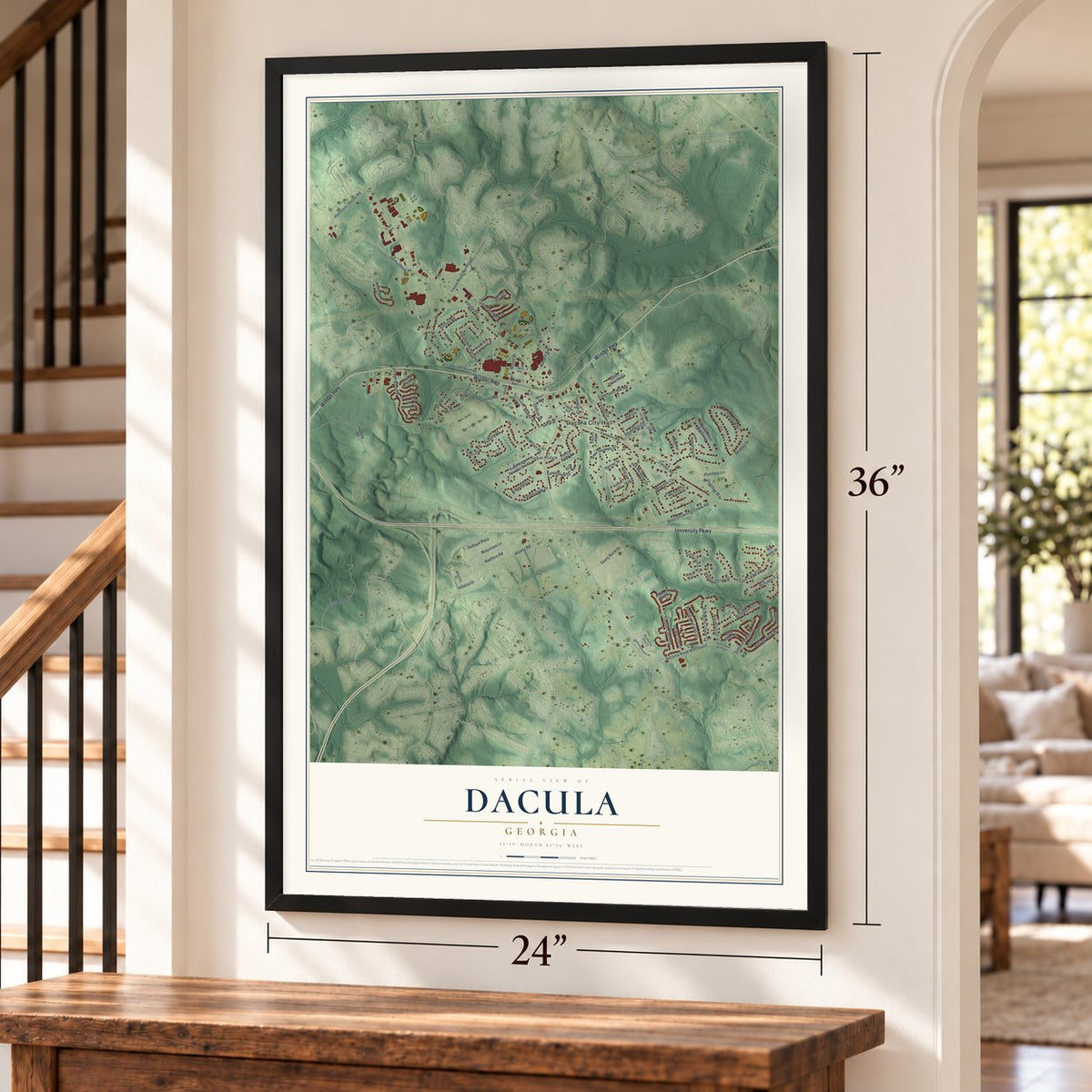 Dacula, Georgia map, 24 x 36 inch print in a black frame by a staircase