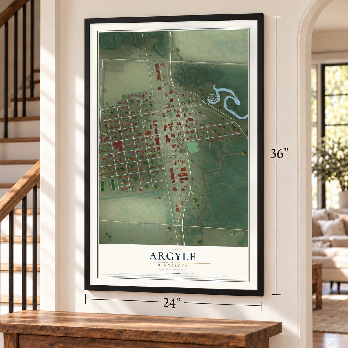 Argyle, Minnesota map, 24 x 36 inch print in a black frame by a staircase