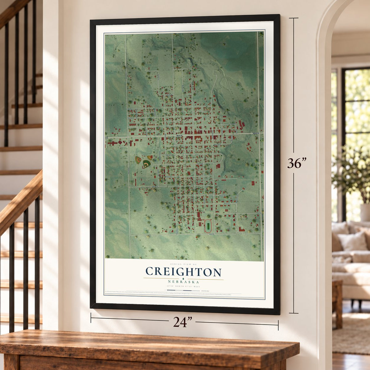 Creighton, Nebraska map, 24 x 36 inch print in a black frame by a staircase