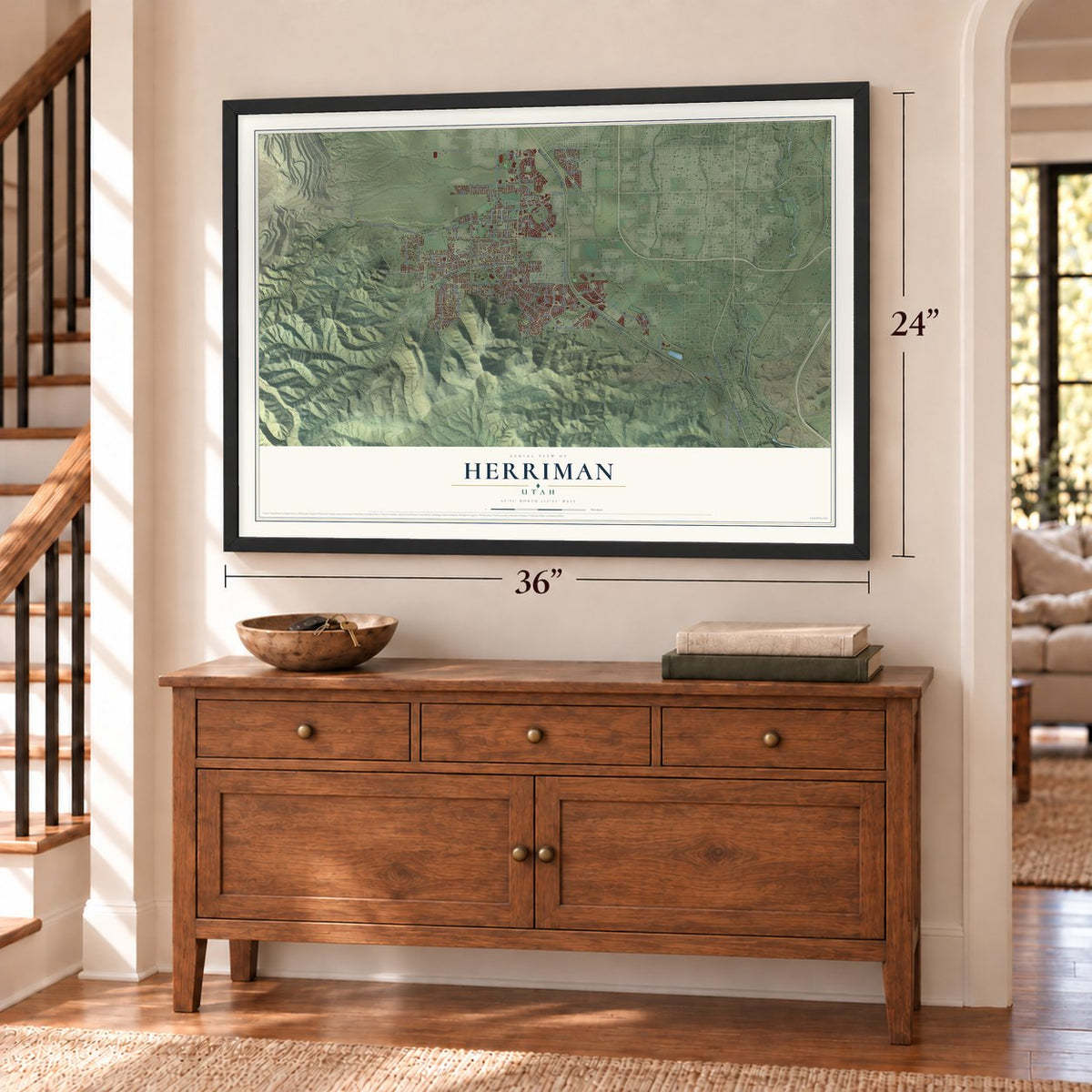 Herriman, Utah map, 24 x 36 inch print in a black frame above a dresser by a staircase