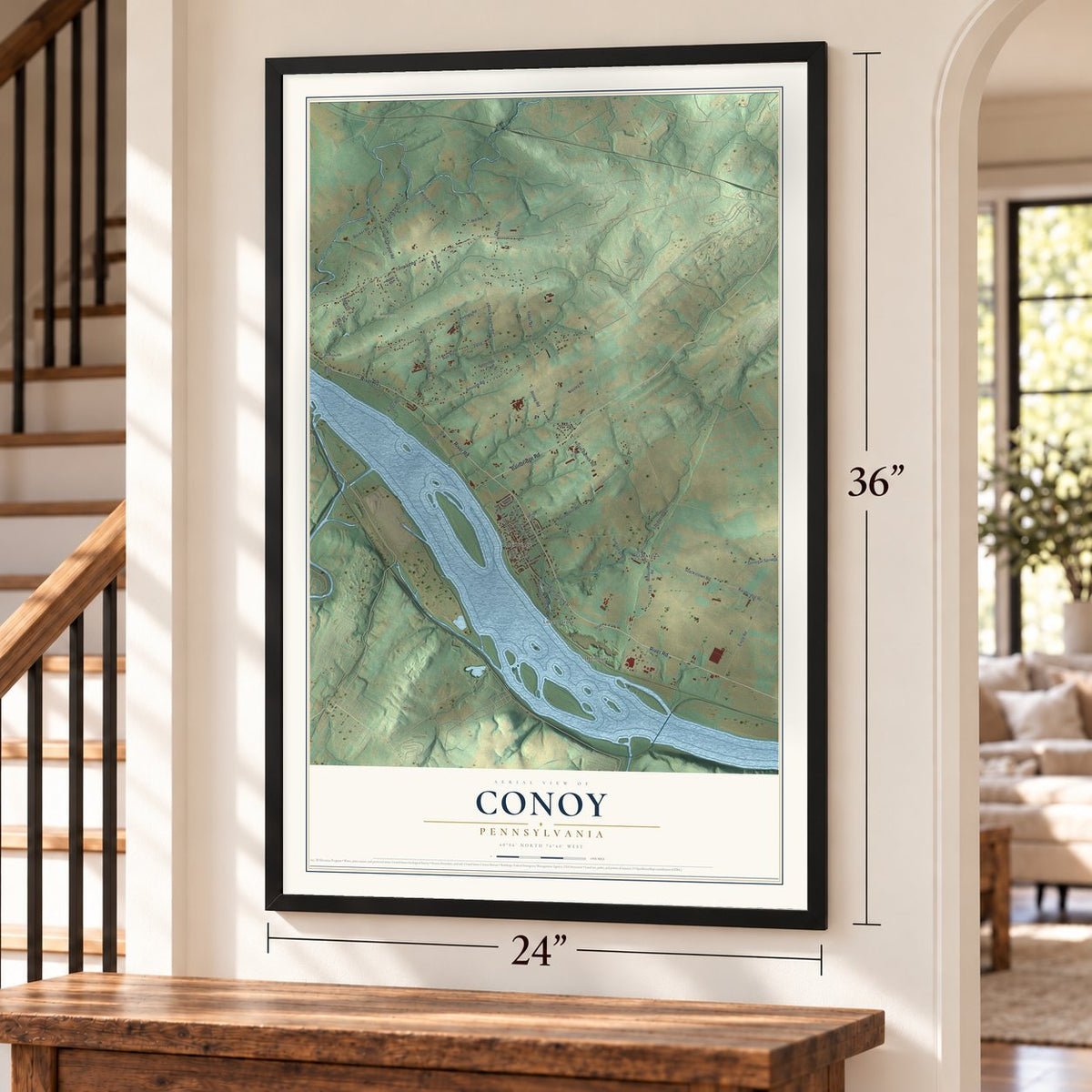 Conoy, Pennsylvania map, 24 x 36 inch print in a black frame by a staircase