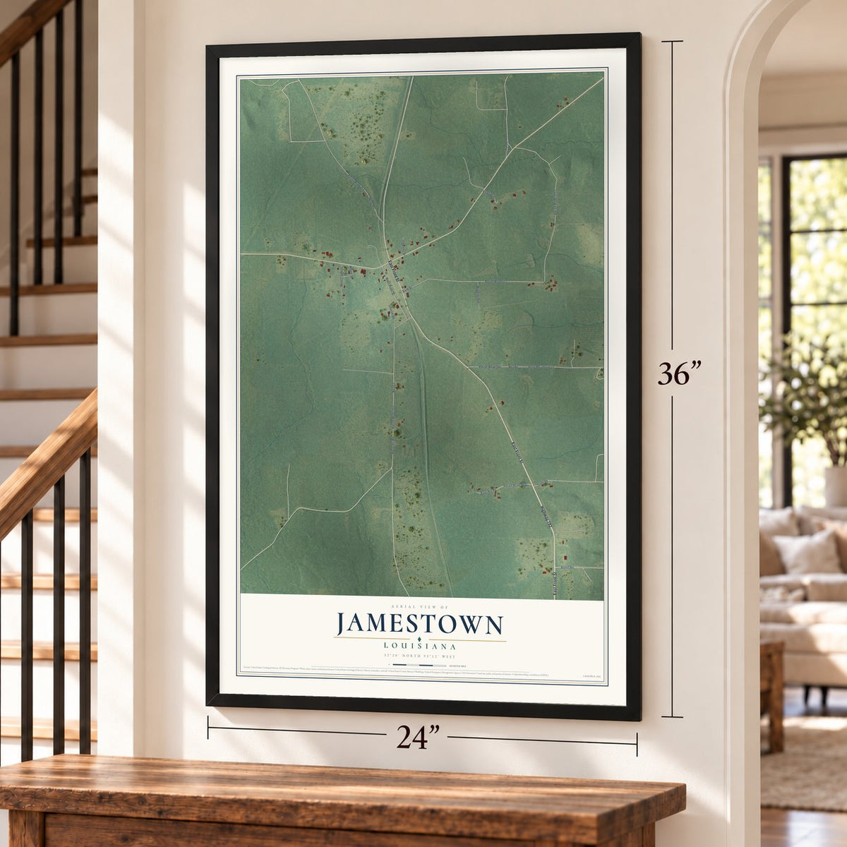 Jamestown, Louisiana map, 24 x 36 inch print in a black frame by a staircase