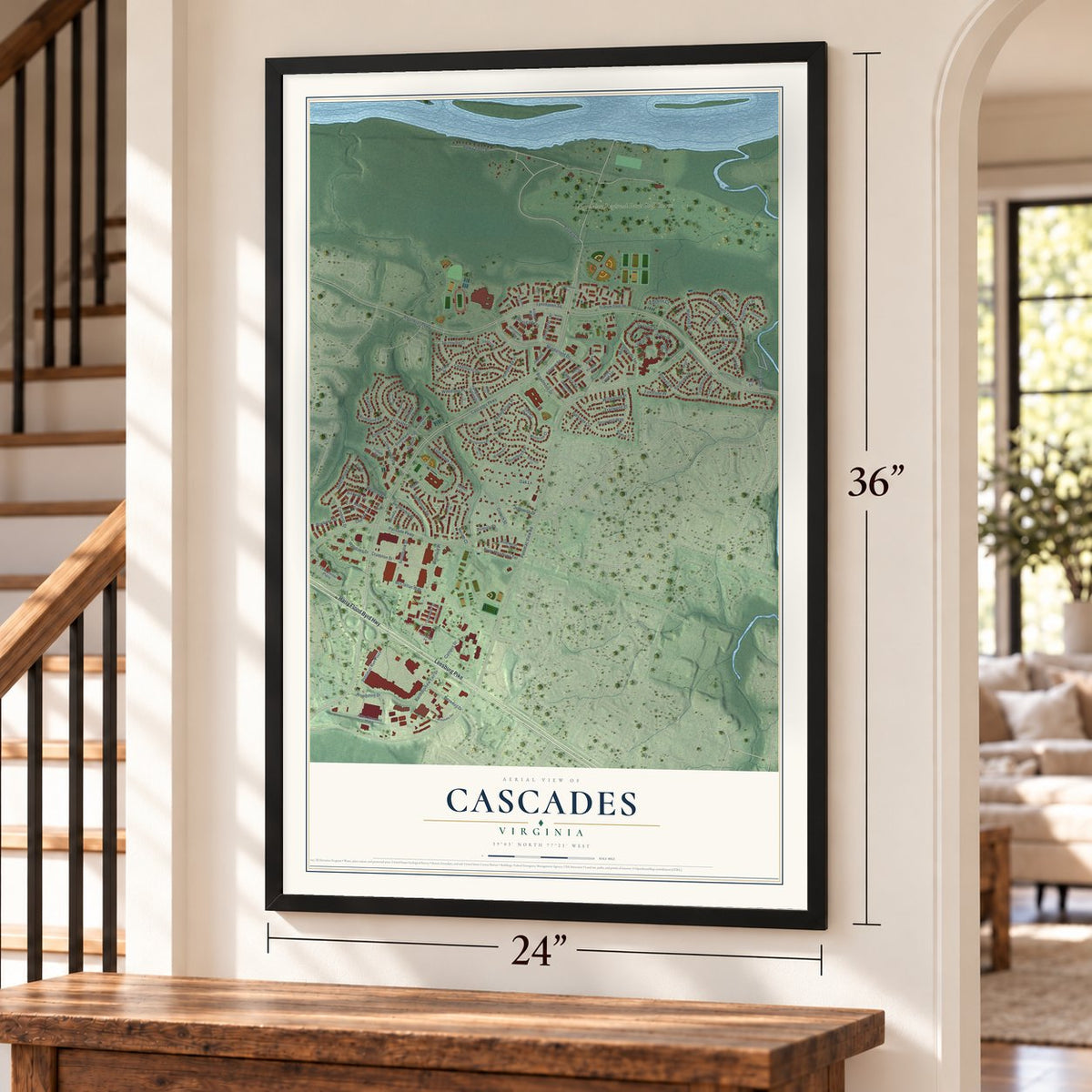 Cascades, Virginia map, 24 x 36 inch print in a black frame by a staircase