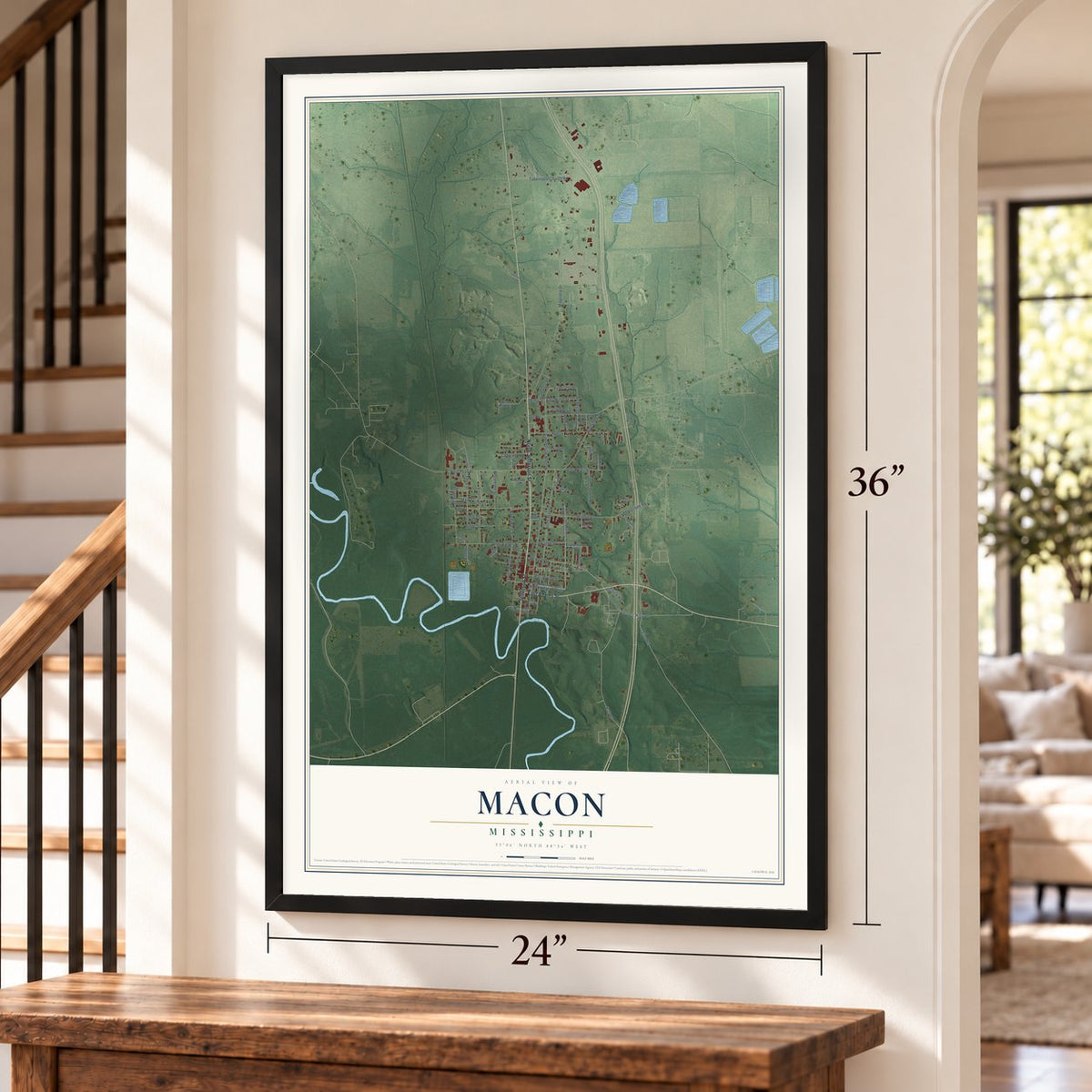 Macon, Mississippi map, 24 x 36 inch print in a black frame by a staircase