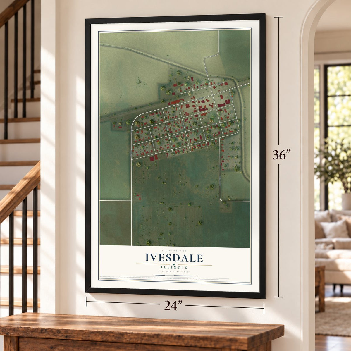 Ivesdale, Illinois map, 24 x 36 inch print in a black frame by a staircase