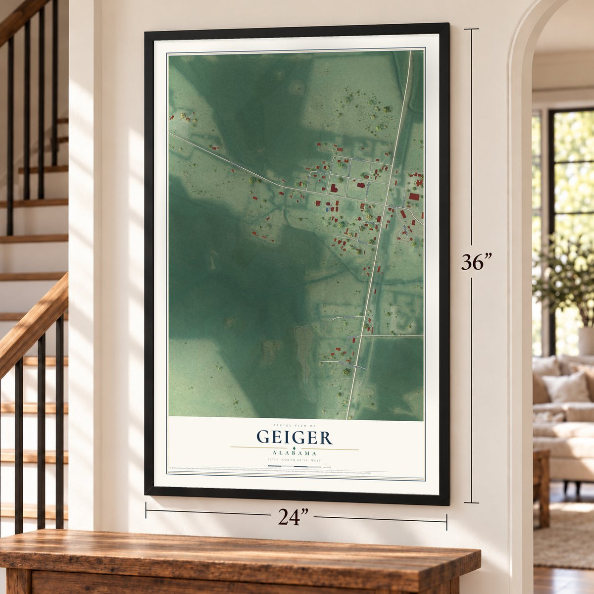 Geiger, Alabama map, 24 x 36 inch print in a black frame by a staircase