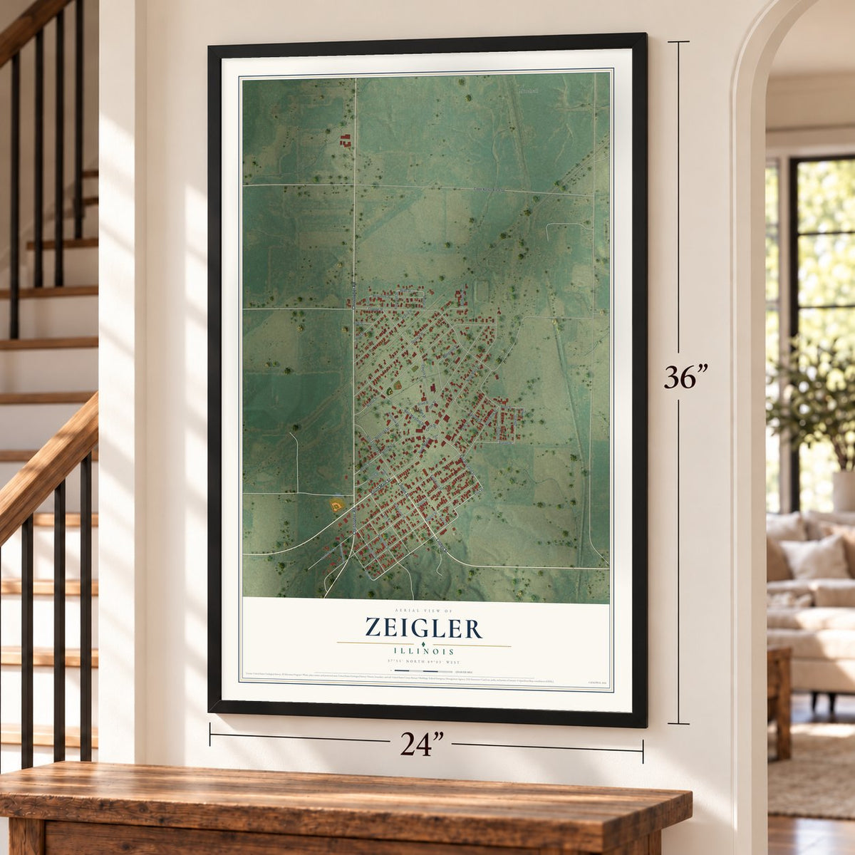 Zeigler, Illinois map, 24 x 36 inch print in a black frame by a staircase