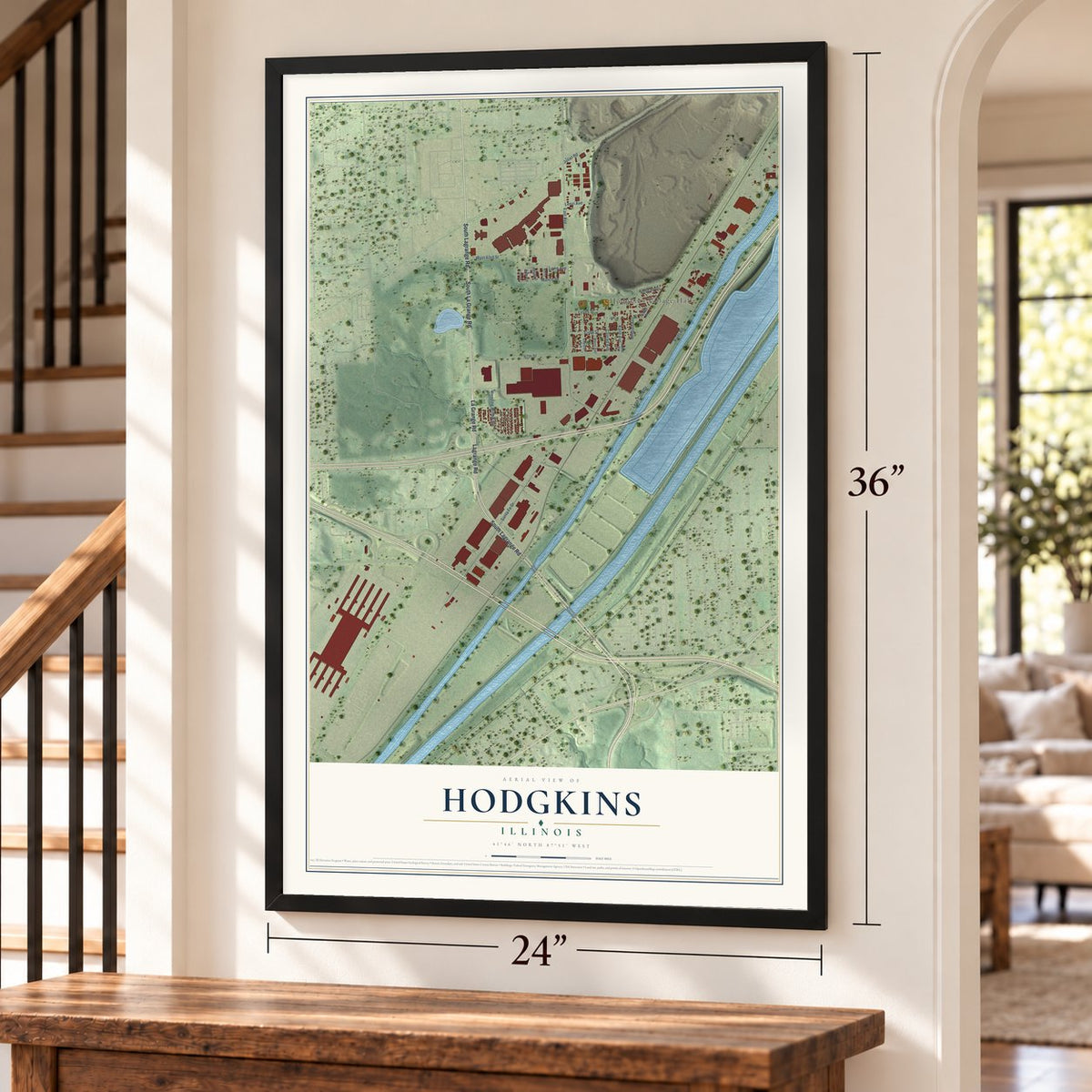 Hodgkins, Illinois map, 24 x 36 inch print in a black frame by a staircase