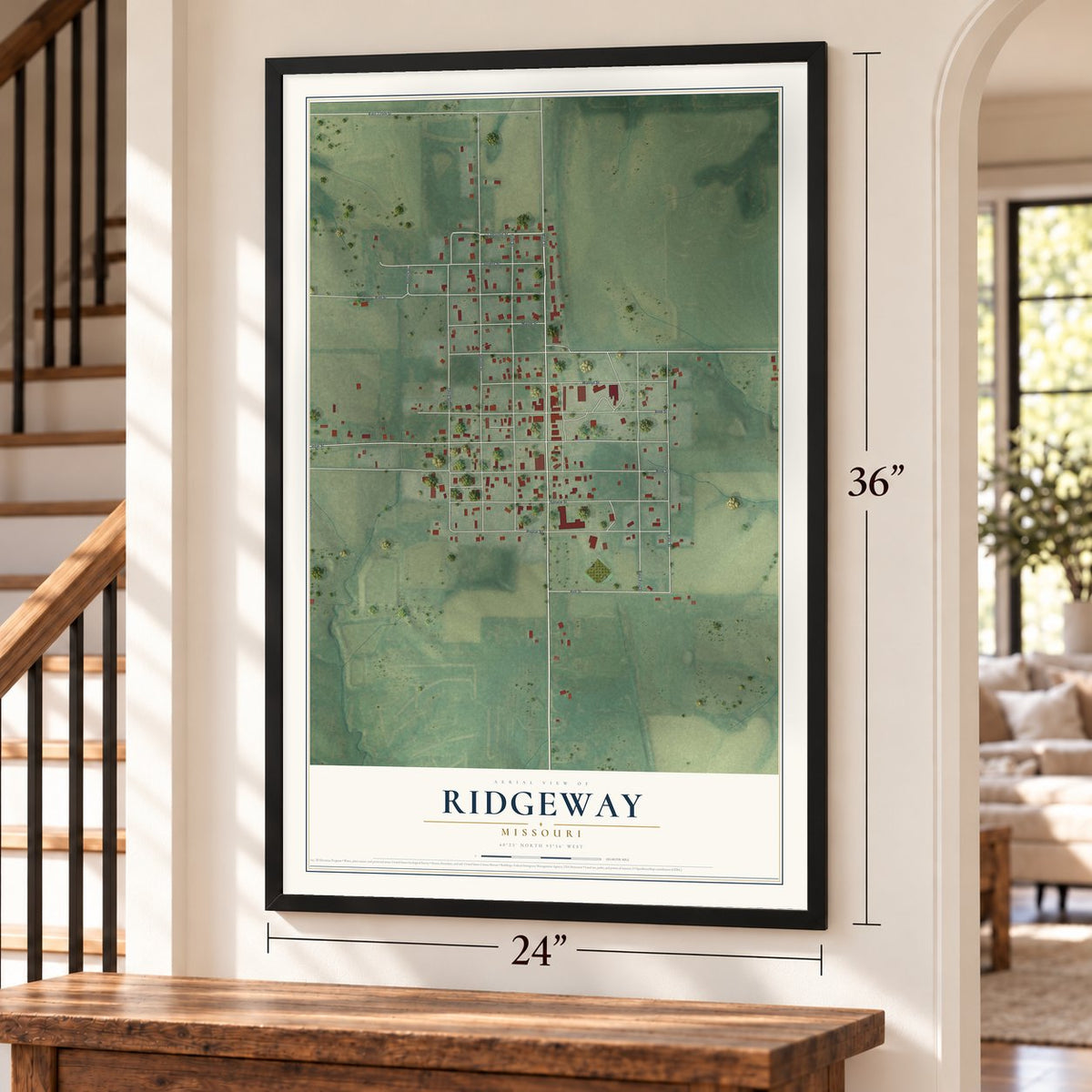 Ridgeway, Missouri map, 24 x 36 inch print in a black frame by a staircase